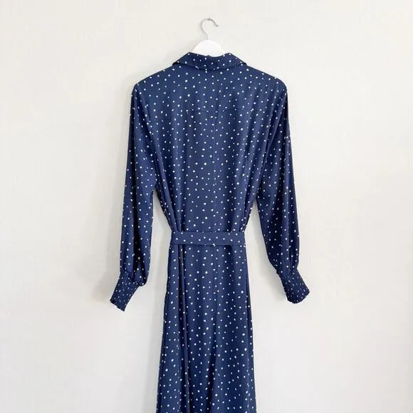 Chicos Godet Dot Print Maxi Shirt Dress Navy White Polka Dot Sz 2.5 (L/14) Retro