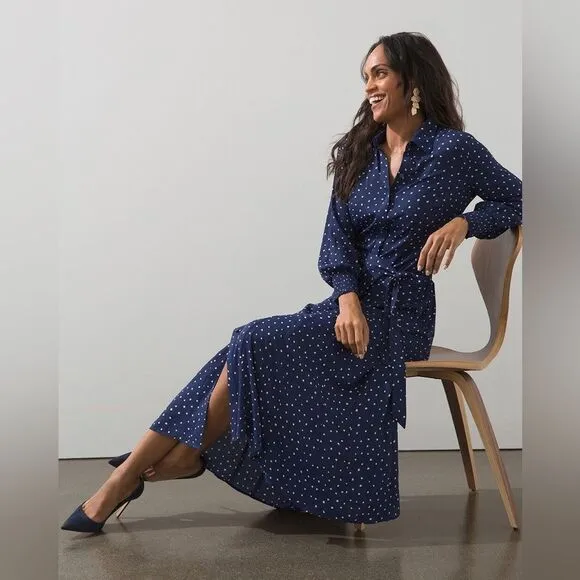 Chicos Godet Dot Print Maxi Shirt Dress Navy White Polka Dot Sz 2.5 (L/14) Retro
