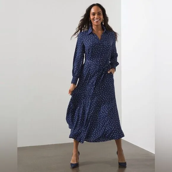 Chicos Godet Dot Print Maxi Shirt Dress Navy White Polka Dot Sz 2.5 (L/14) Retro