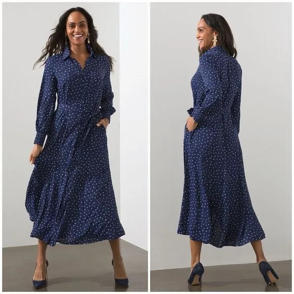 Chicos Godet Dot Print Maxi Shirt Dress Navy White Polka Dot Sz 2.5 (L/14) Retro