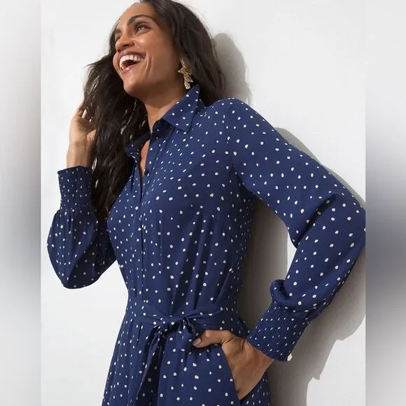 Chicos Godet Dot Print Maxi Shirt Dress Navy White Polka Dot Sz 2.5 (L/14) Retro