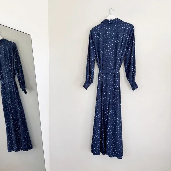 Chicos Godet Dot Print Maxi Shirt Dress Navy White Polka Dot Sz 2.5 (L/14) Retro