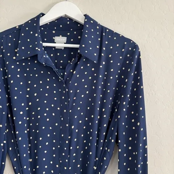 Chicos Godet Dot Print Maxi Shirt Dress Navy White Polka Dot Sz 2.5 (L/14) Retro