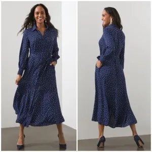 Chicos Godet Dot Print Maxi Shirt Dress Navy White Polka Dot Sz 2.5 (L/14) Retro