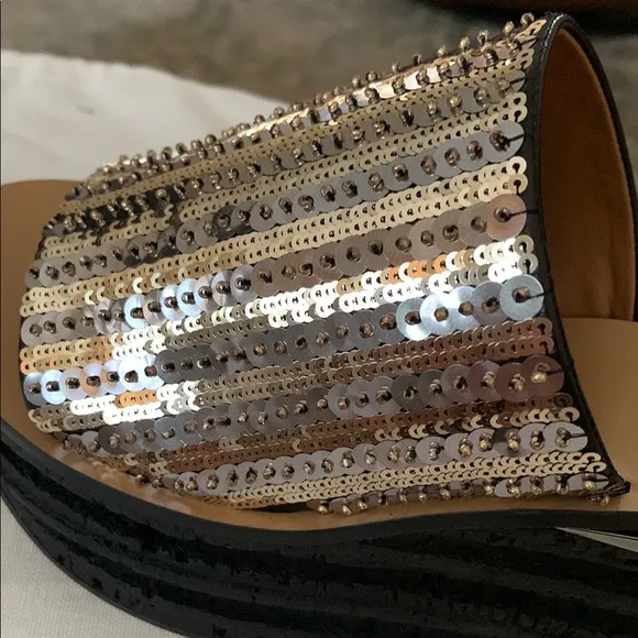 Chloe Gold and Black Sandals with Crystal Embellishments