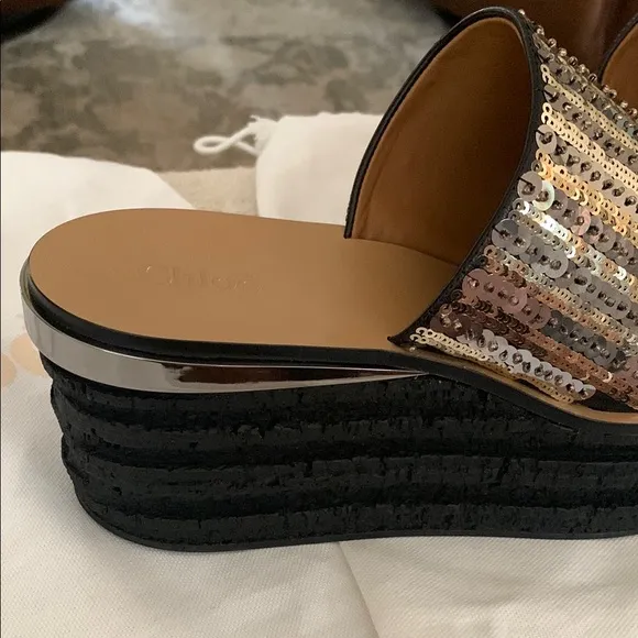 Chloe Gold and Black Sandals with Crystal Embellishments