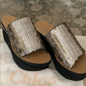Chloe Gold and Black Sandals with Crystal Embellishments