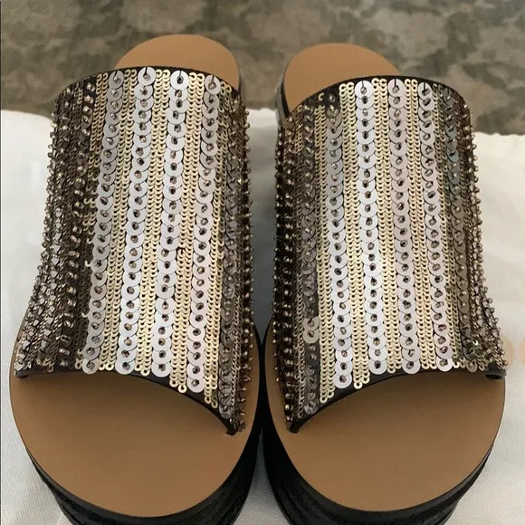 Chloe Gold and Black Sandals with Crystal Embellishments