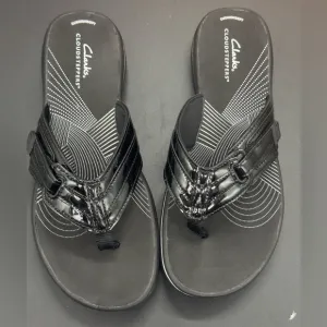 Clark’s Breeze Sea Black Patent Faux Leather Flip Flops SZ8