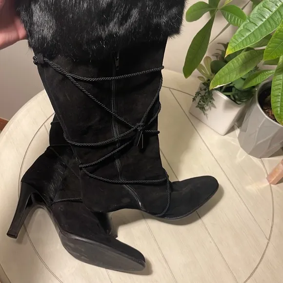 Coach Azalea Suede Tall Black Boots Fur Trim