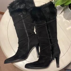 Coach Azalea Suede Tall Black Boots Fur Trim