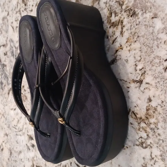 Coach Franki Platform Wedge Flip Flops Black Size 10 NWOB