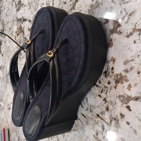 Coach Franki Platform Wedge Flip Flops Black Size 10 NWOB