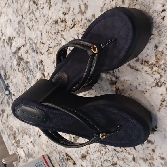 Coach Franki Platform Wedge Flip Flops Black Size 10 NWOB
