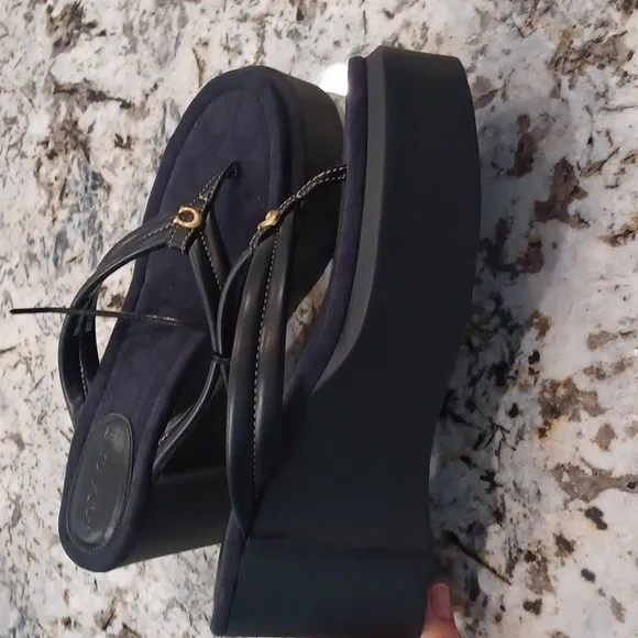 Coach Franki Platform Wedge Flip Flops Black Size 10 NWOB