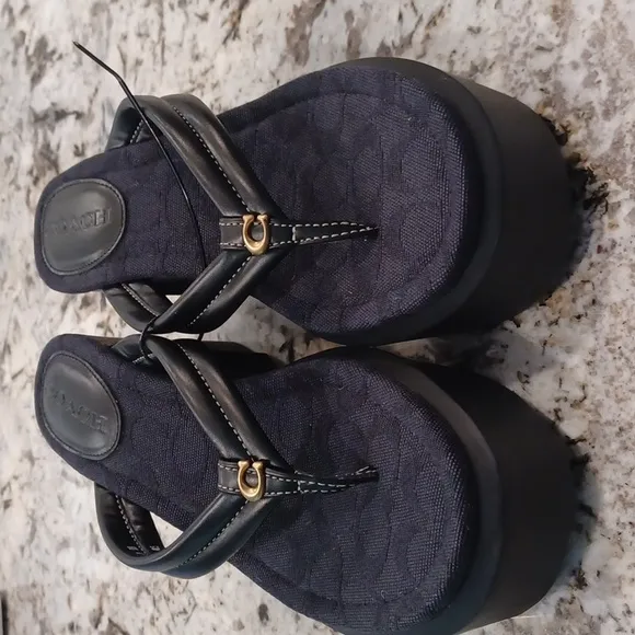 Coach Franki Platform Wedge Flip Flops Black Size 10 NWOB