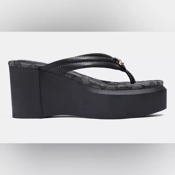 Coach Franki Platform Wedge Flip Flops Black Size 10 NWOB
