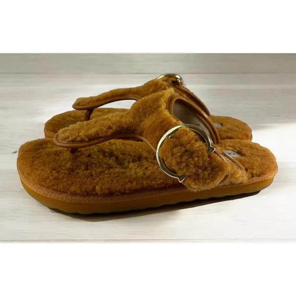 Coach Hollie Flip Flops Plush Shearling Slip On Thong Sandals Butterscotch Sz 9B