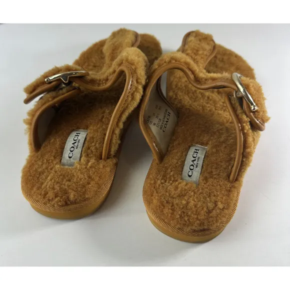 Coach Hollie Flip Flops Plush Shearling Slip On Thong Sandals Butterscotch Sz 9B