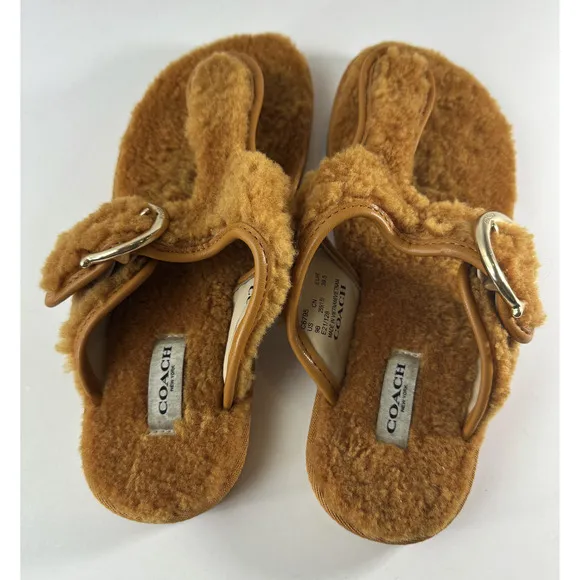 Coach Hollie Flip Flops Plush Shearling Slip On Thong Sandals Butterscotch Sz 9B