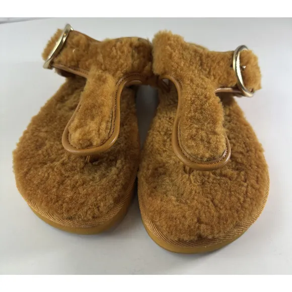 Coach Hollie Flip Flops Plush Shearling Slip On Thong Sandals Butterscotch Sz 9B