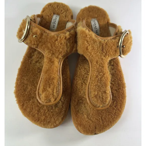 Coach Hollie Flip Flops Plush Shearling Slip On Thong Sandals Butterscotch Sz 9B