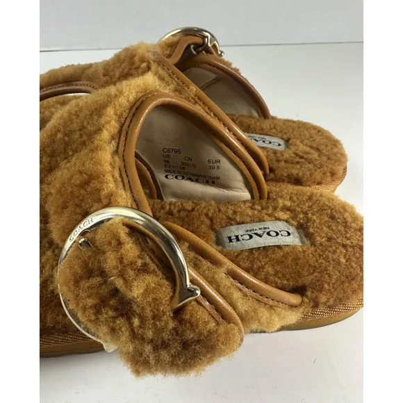 Coach Hollie Flip Flops Plush Shearling Slip On Thong Sandals Butterscotch Sz 9B
