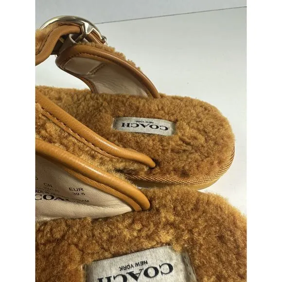 Coach Hollie Flip Flops Plush Shearling Slip On Thong Sandals Butterscotch Sz 9B