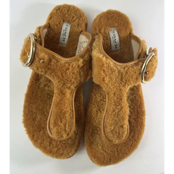 Coach Hollie Flip Flops Plush Shearling Slip On Thong Sandals Butterscotch Sz 9B