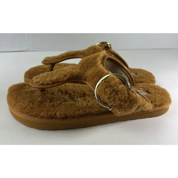 Coach Hollie Flip Flops Plush Shearling Slip On Thong Sandals Butterscotch Sz 9B