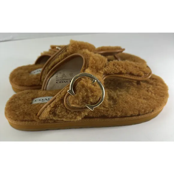 Coach Hollie Flip Flops Plush Shearling Slip On Thong Sandals Butterscotch Sz 9B