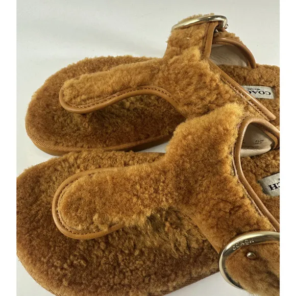 Coach Hollie Flip Flops Plush Shearling Slip On Thong Sandals Butterscotch Sz 9B