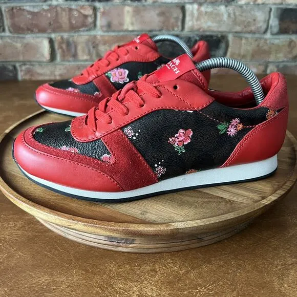 Coach Rebecca Red Black Floral Flowers Leather Suede Sneakers Shoes Size 7