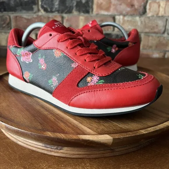 Coach Rebecca Red Black Floral Flowers Leather Suede Sneakers Shoes Size 7