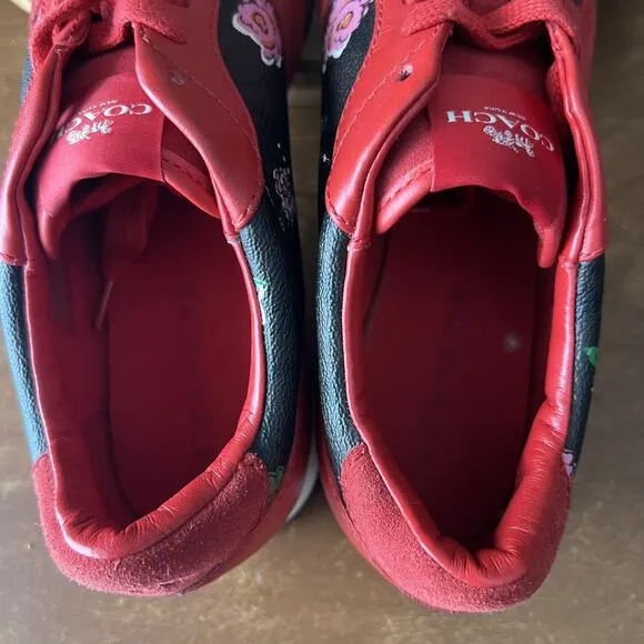 Coach Rebecca Red Black Floral Flowers Leather Suede Sneakers Shoes Size 7