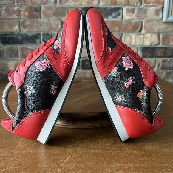 Coach Rebecca Red Black Floral Flowers Leather Suede Sneakers Shoes Size 7