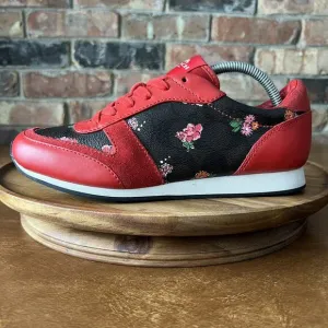 Coach Rebecca Red Black Floral Flowers Leather Suede Sneakers Shoes Size 7