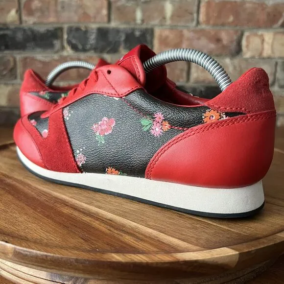 Coach Rebecca Red Black Floral Flowers Leather Suede Sneakers Shoes Size 7