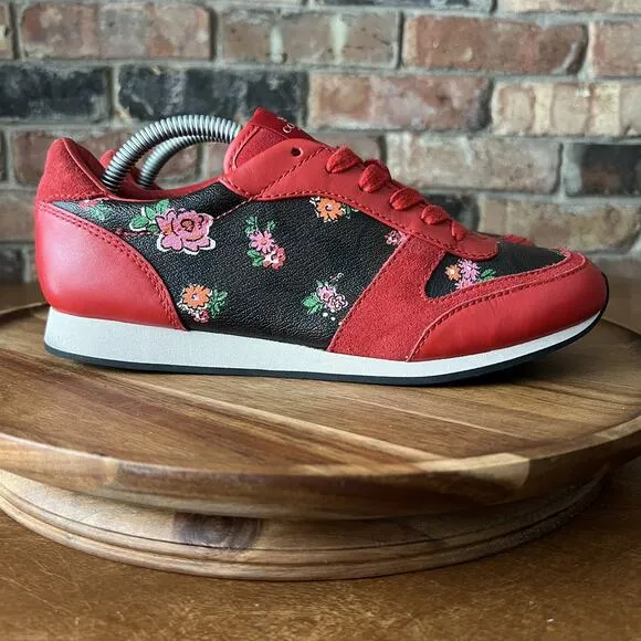 Coach Rebecca Red Black Floral Flowers Leather Suede Sneakers Shoes Size 7