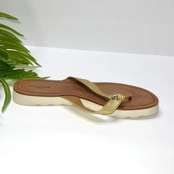 Coach Shelly Flip Flops in Gold Metallic Leather Size 8