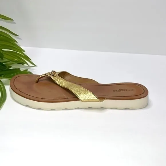 Coach Shelly Flip Flops in Gold Metallic Leather Size 8