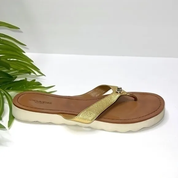 Coach Shelly Flip Flops in Gold Metallic Leather Size 8