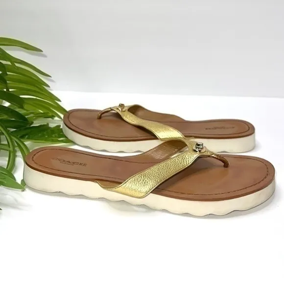 Coach Shelly Flip Flops in Gold Metallic Leather Size 8