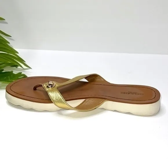 Coach Shelly Flip Flops in Gold Metallic Leather Size 8