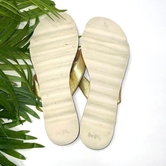 Coach Shelly Flip Flops in Gold Metallic Leather Size 8