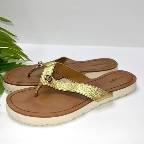 Coach Shelly Flip Flops in Gold Metallic Leather Size 8