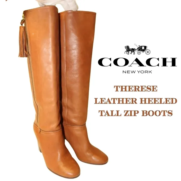 Coach Therese Brown Leather Heeled Zip Tall  Boots 8.5 * LIKE NEW.