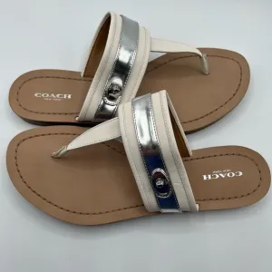 Coach Womens 9B Eileen Leather Turn Lock Slide Sandals Flip Flops Chalk Silver