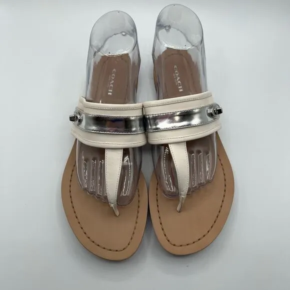 Coach Womens 9B Eileen Leather Turn Lock Slide Sandals Flip Flops Chalk Silver