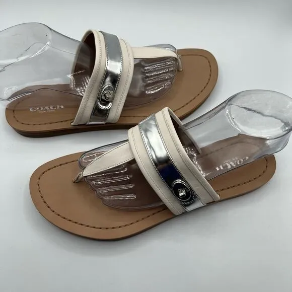 Coach Womens 9B Eileen Leather Turn Lock Slide Sandals Flip Flops Chalk Silver